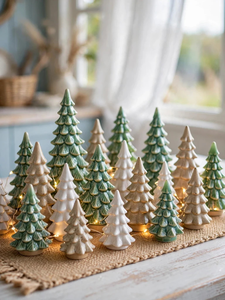 Cluster of small ceramic Christmas trees in sea-glass tones arranged on a coastal cottage table