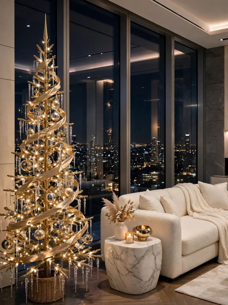 Champagne-gold Christmas tree with crystal ornaments in a modern penthouse living room