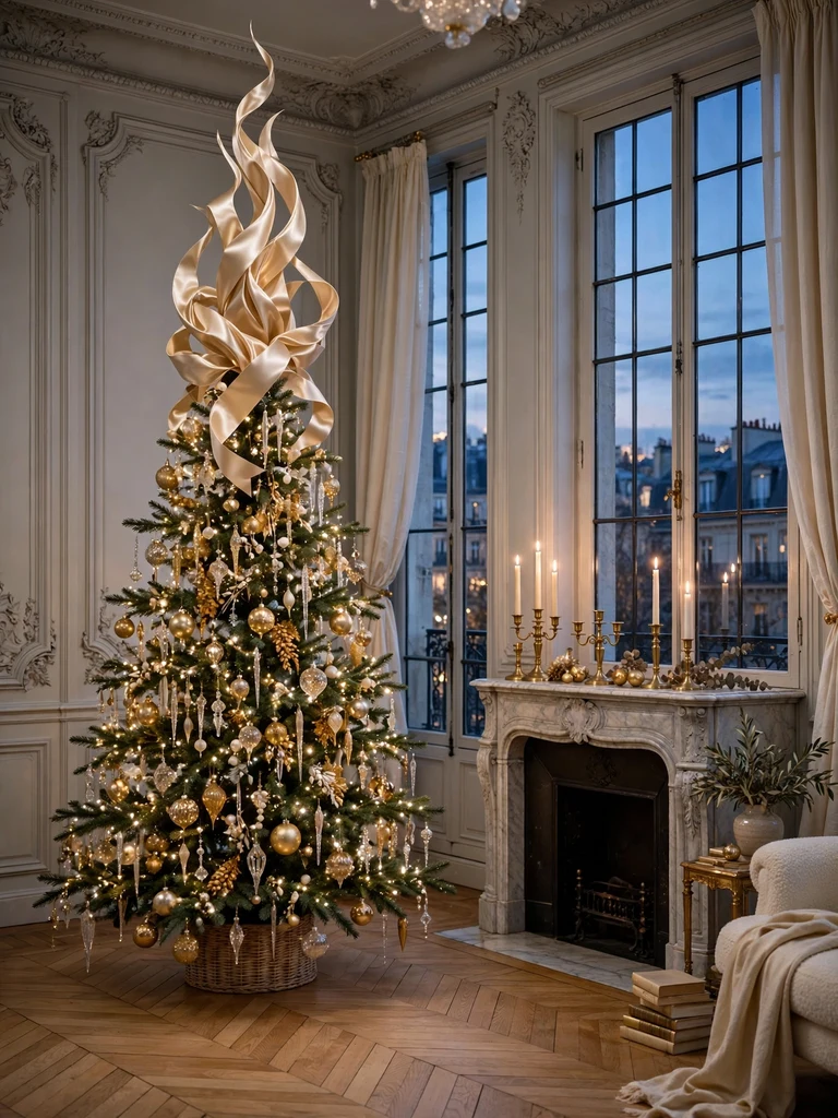 Champagne ribbon sculpture tree topper in a classic Parisian apartment salon