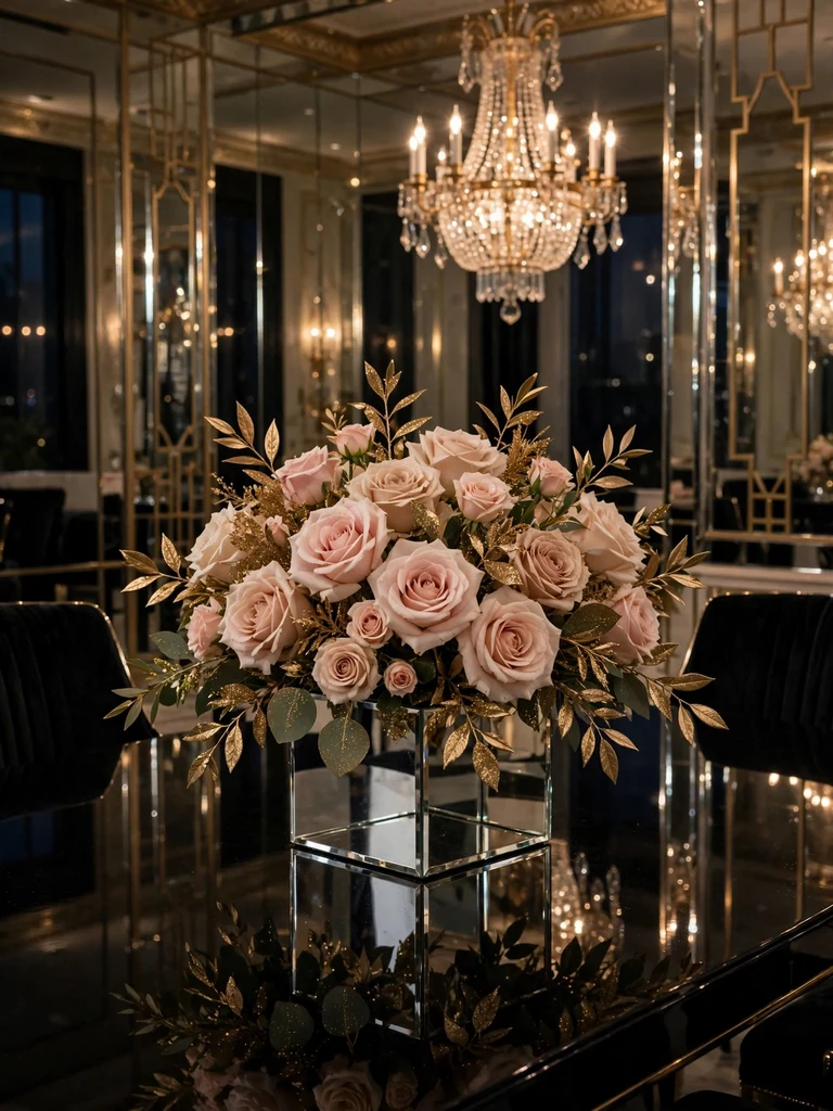 Mirrored cube vase with champagne and blush roses on glossy black dining table