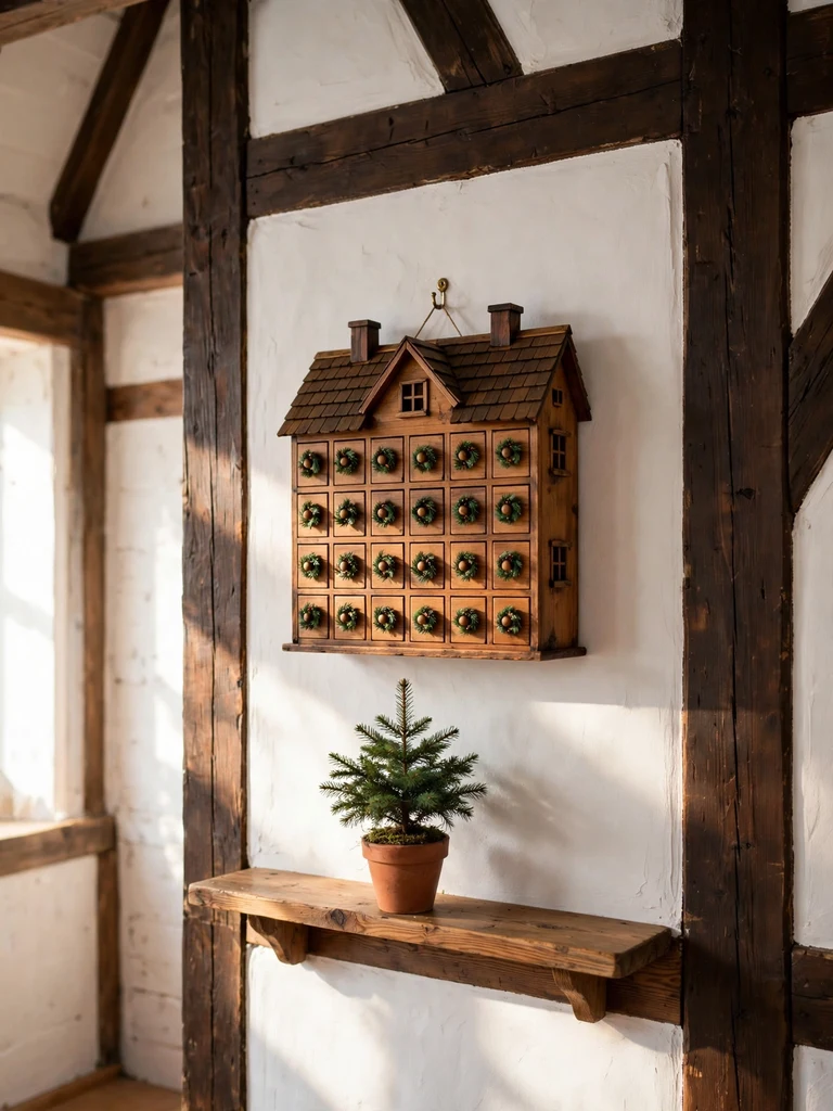 Traditional wooden advent calendar house with tiny drawers hung in a German half-timbered home