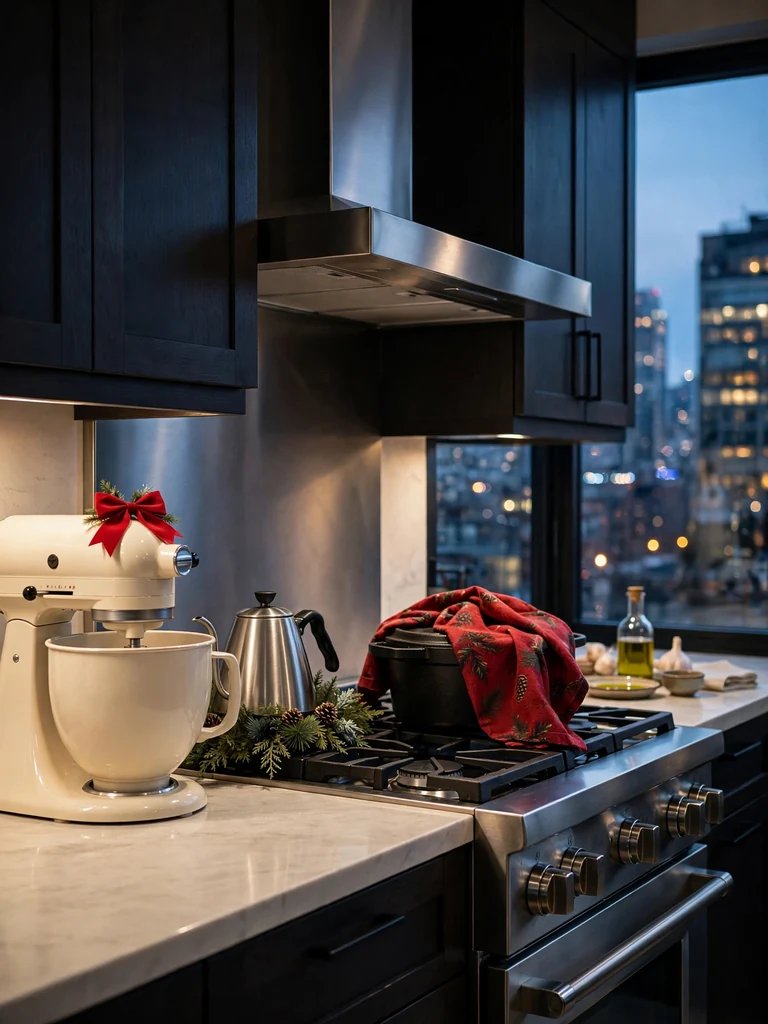Contemporary urban kitchen at dusk with bow-adorned stand mixer and cedar wreath on pour-over kettle