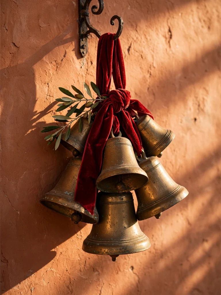Aged brass Christmas bells with red velvet ribbon on a terracotta Spanish colonial wall