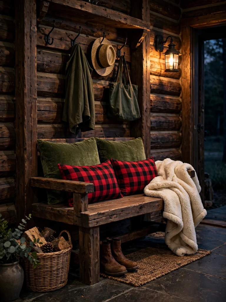 Rustic log cabin bench with moss green velvet cushions, red buffalo check pillows and a shearling throw