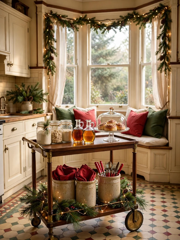 Victorian kitchen breakfast cart with cake stand of cinnamon rolls, fairy lights and pine boughs