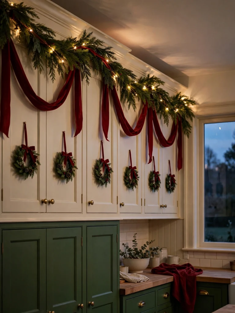 Traditional shaker kitchen at dusk with cedar garland and fairy lights on cabinet crown molding and red velvet swags