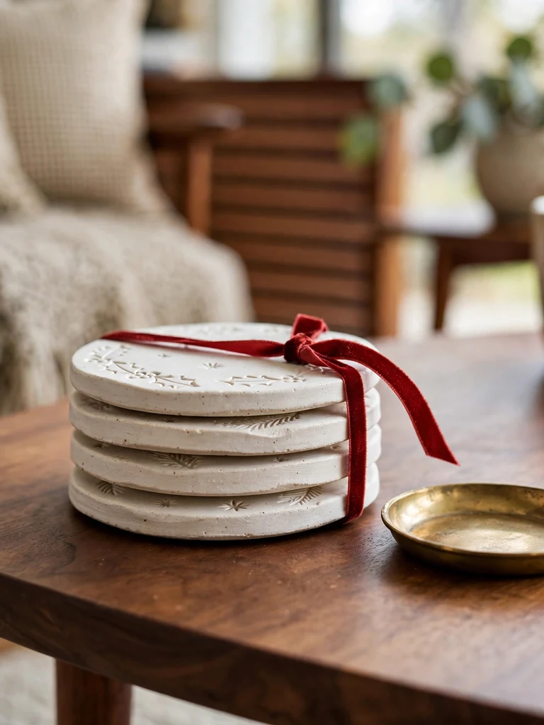 Mid-century modern close-up of handmade ceramic coasters with festive motifs tied with a red velvet ribbon