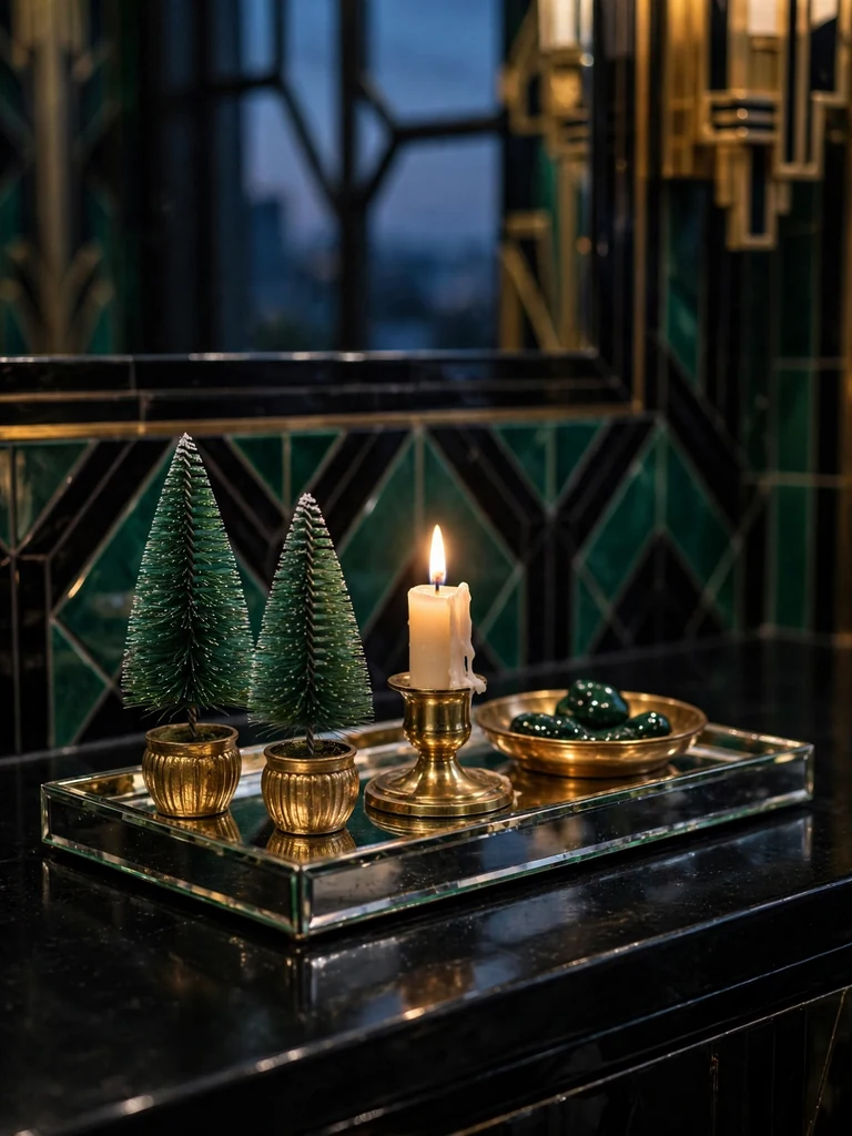 Art deco bathroom close-up of a mirrored vanity tray with a lit candle and miniature bottlebrush trees at dusk