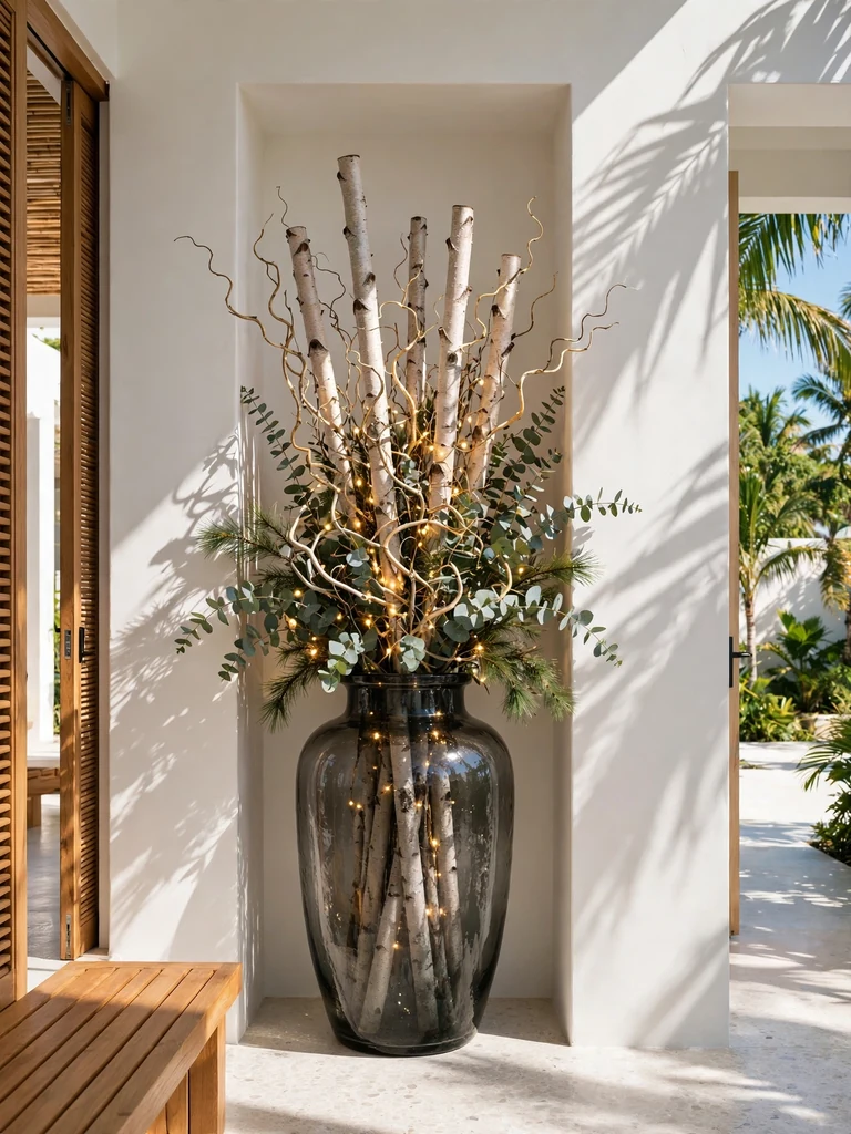 Tropical-modern villa entry with a smoked glass urn of birch logs, curly willow and seed lights