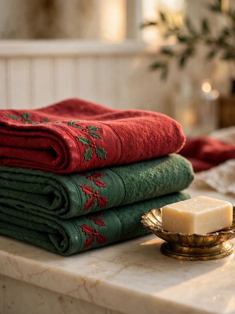 French country bathroom close-up of folded red and green hand towels with embroidered holly on a marble counter