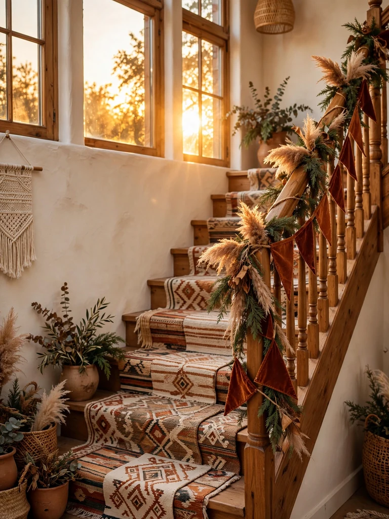 Boho eclectic staircase at golden hour with rust velvet pennant garland and pampas grass on the banister