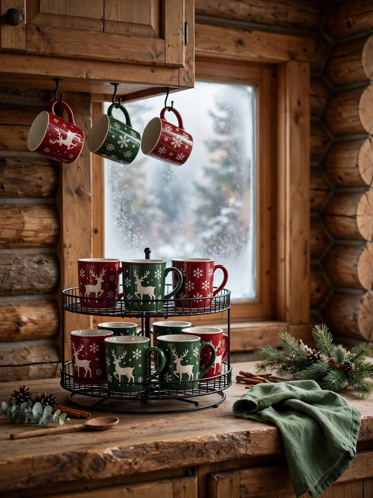 Cozy log cabin kitchen with holiday mugs on rustic wire carousel and under-cabinet hooks