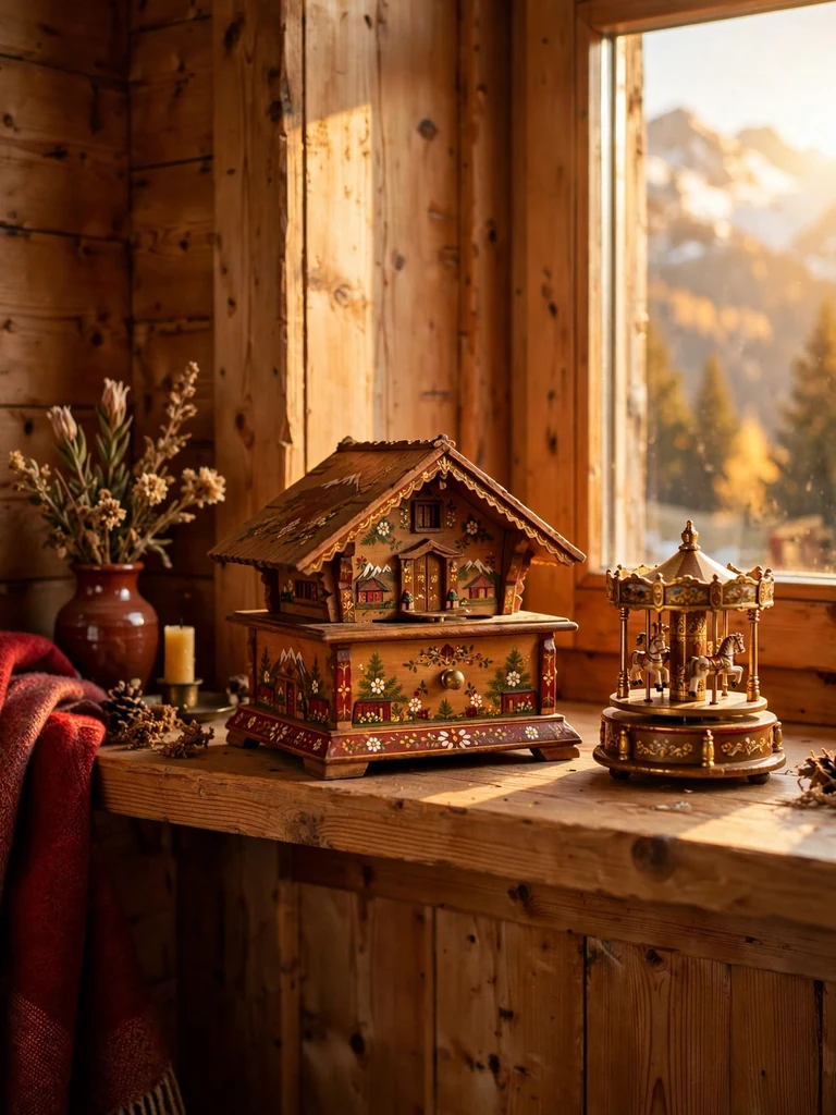 Heirloom wooden Swiss chalet music box centered on a pine shelf in an alpine chalet