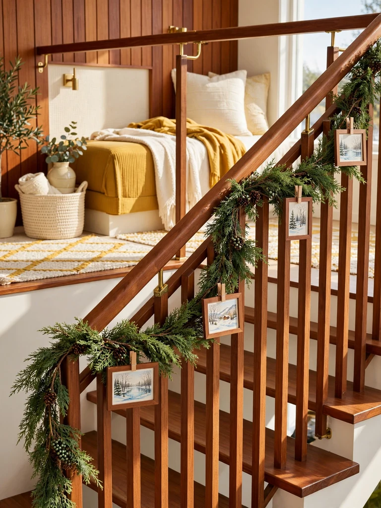 Mid-century modern staircase with juniper garland and clipped winter prints on the teak handrail