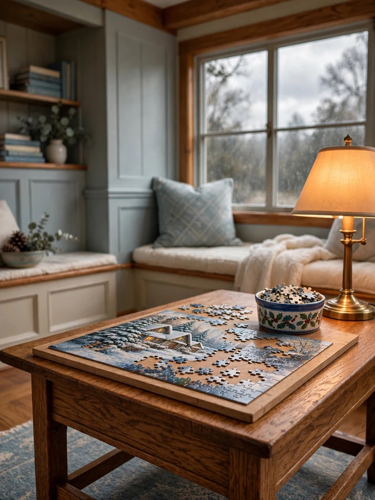 Craftsman bungalow with a half-assembled holiday jigsaw puzzle on a wooden board and a ramekin of pieces