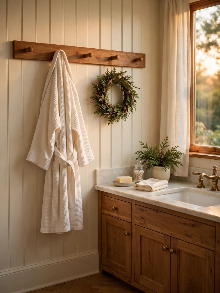 Shaker-style bathroom with a wooden peg rail holding a cream waffle robe and cedar wreath at golden hour