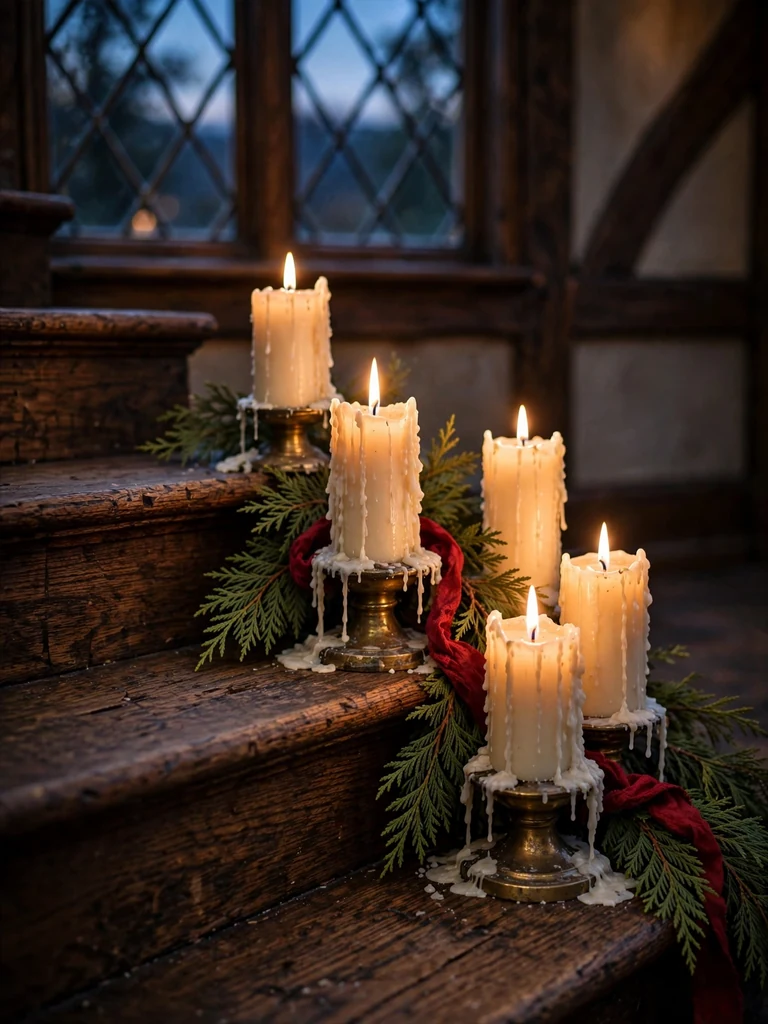 Tudor staircase at dusk with ivory pillar candles in brass holders glowing on dark oak treads