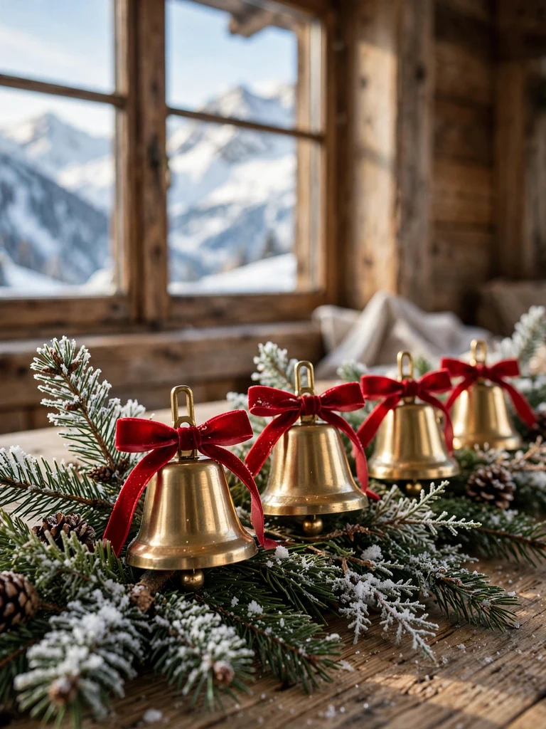 Brass Christmas table bells with red velvet ribbons along a pine runner in an alpine chalet in morning light