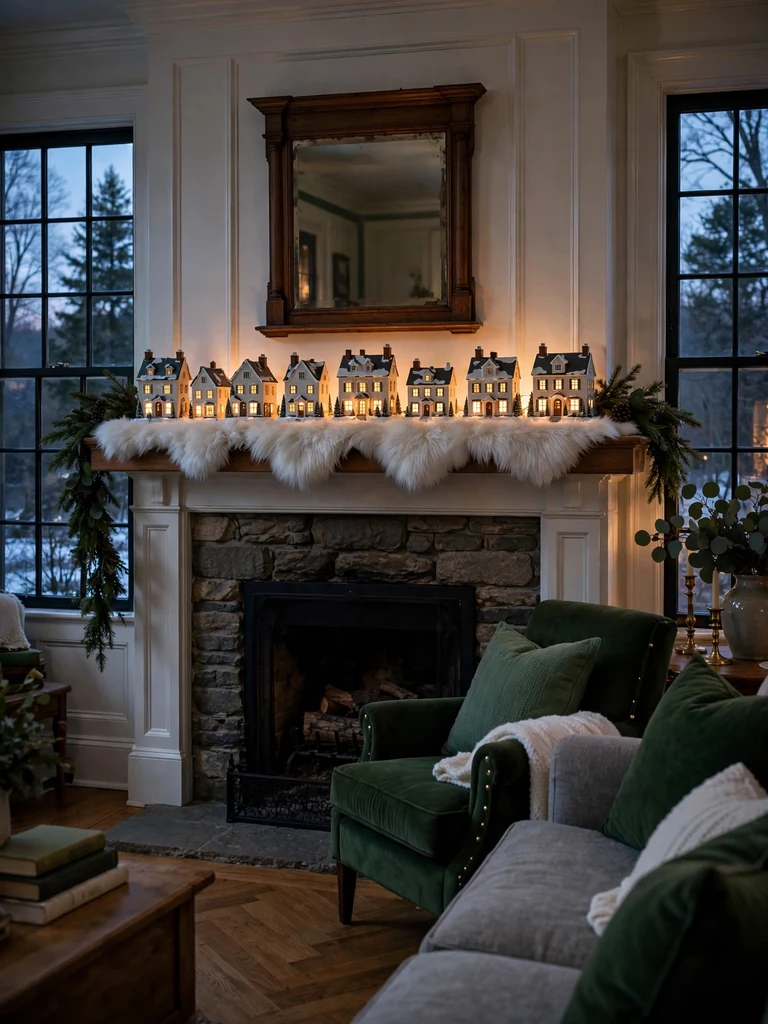 Illuminated porcelain Christmas village houses along a stone mantel with a faux fur runner at dusk