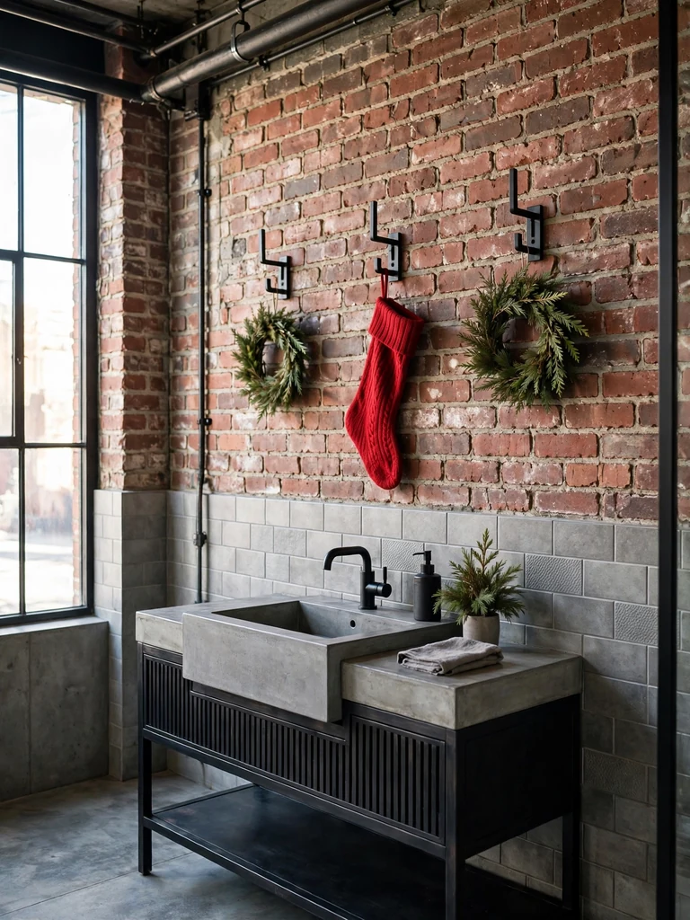 Industrial loft bathroom with black metal wall hooks holding cedar wreaths and a red stocking against brick