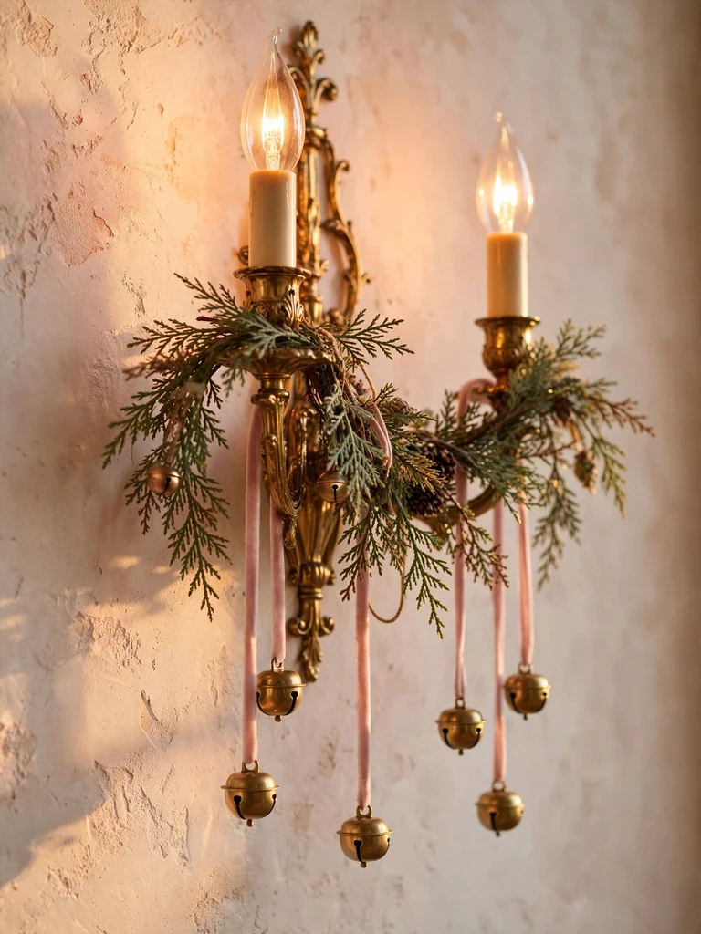 French provincial wall sconce wrapped in cedar garland with brass bells and amber bulbs