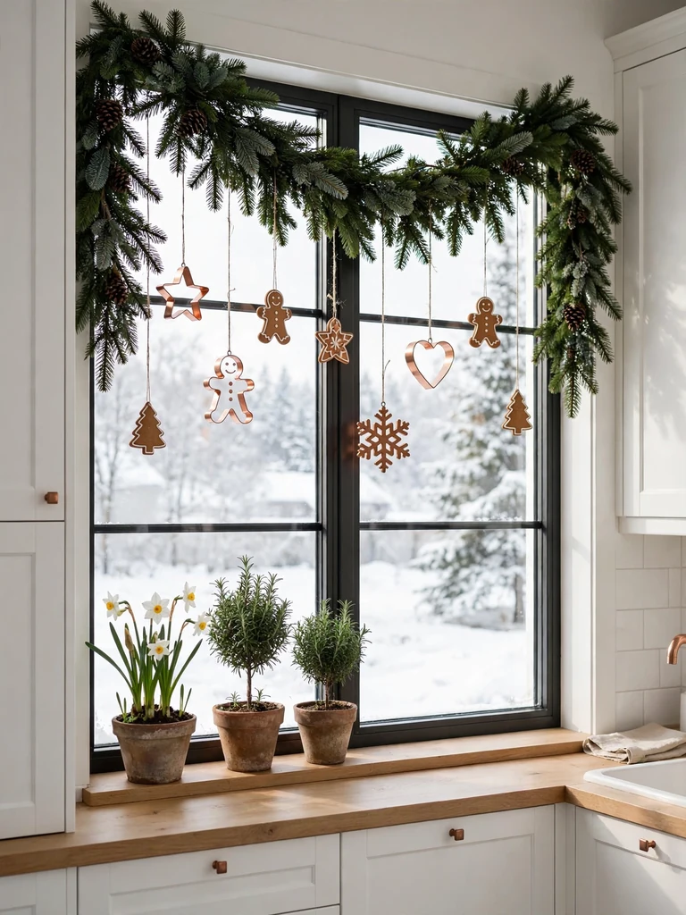 Scandinavian kitchen window with fir garland valance, copper cookie cutters and potted paperwhites on sill