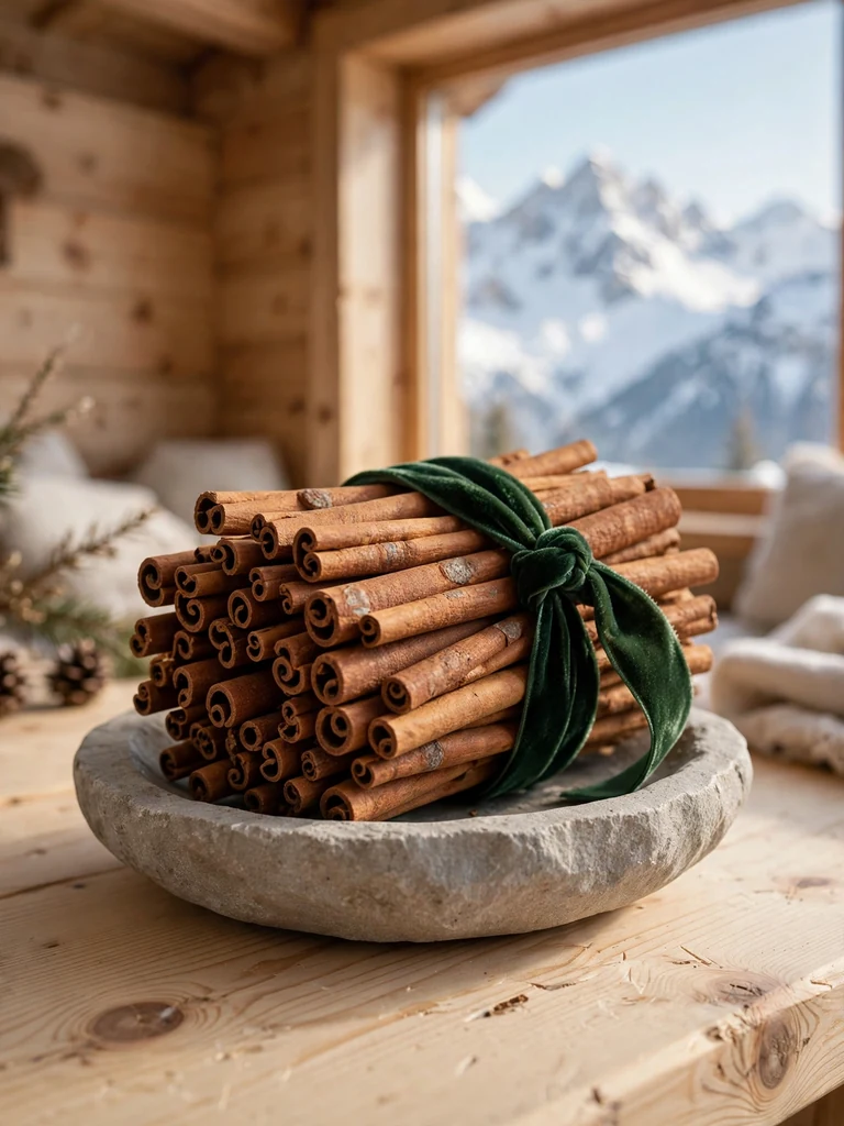Alpine chalet close-up of a cinnamon stick bundle tied with green velvet ribbon in a stone dish