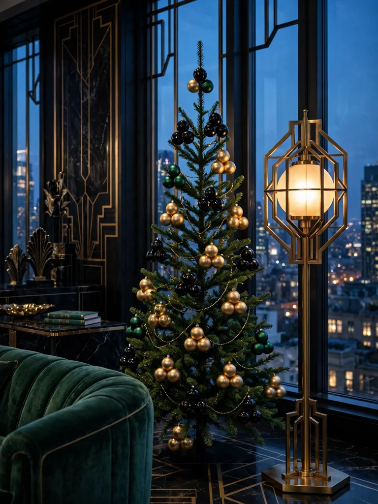Clustered black gold and emerald baubles on a slim Christmas tree in an art deco penthouse at blue hour