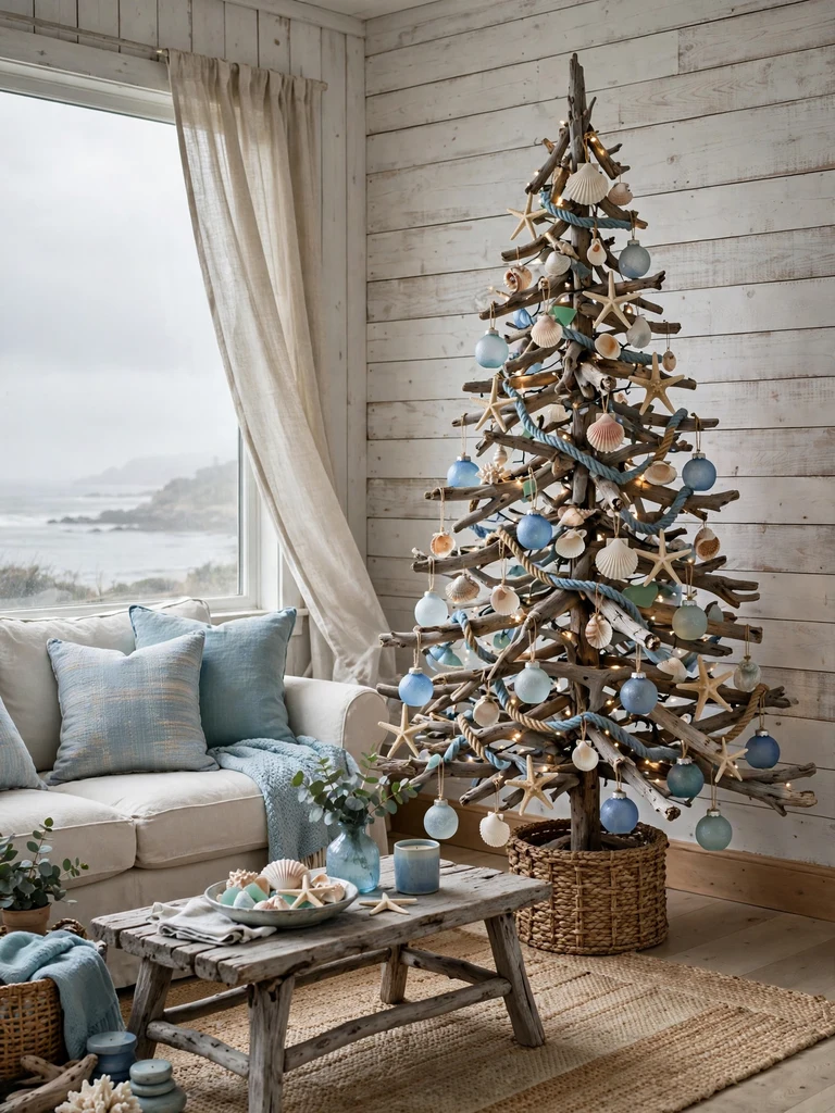 Driftwood-style Christmas tree with seashell and sea-glass ornaments in a coastal cottage