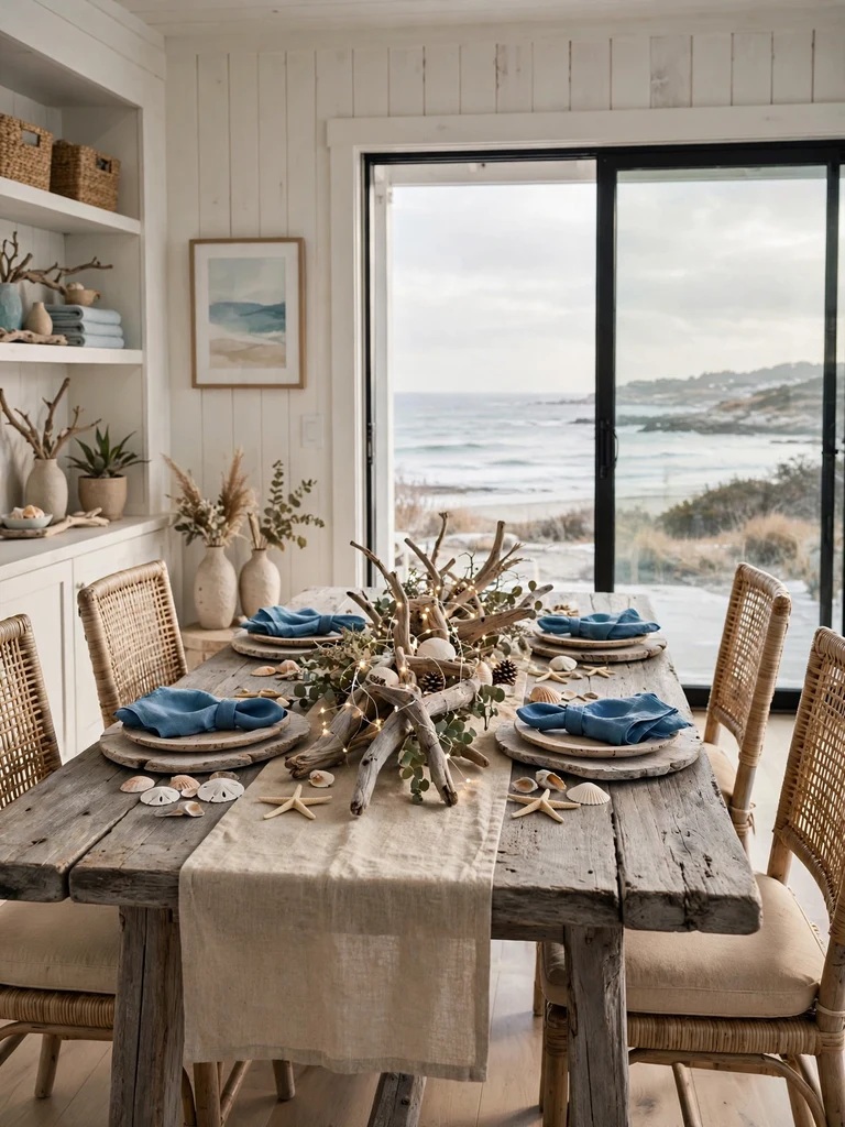 Beach house Christmas tablescape on a driftwood table with sea-glass napkins, shells and fairy-lit branches