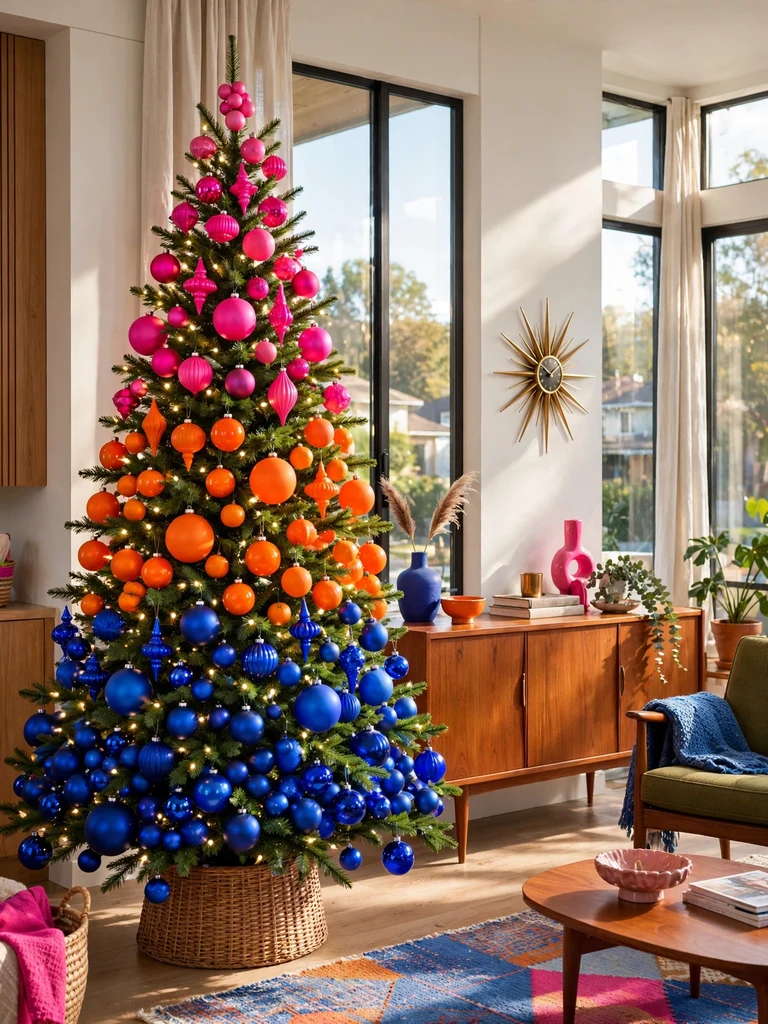 Color-blocked Christmas tree in cobalt blue tangerine and hot pink ornaments in a mid-century living room