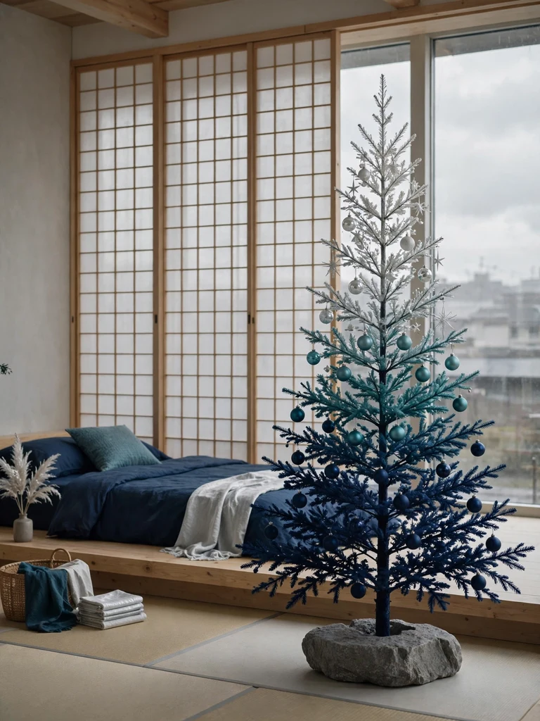 Christmas tree with navy-to-silver color gradient ornaments in a minimalist Japanese loft