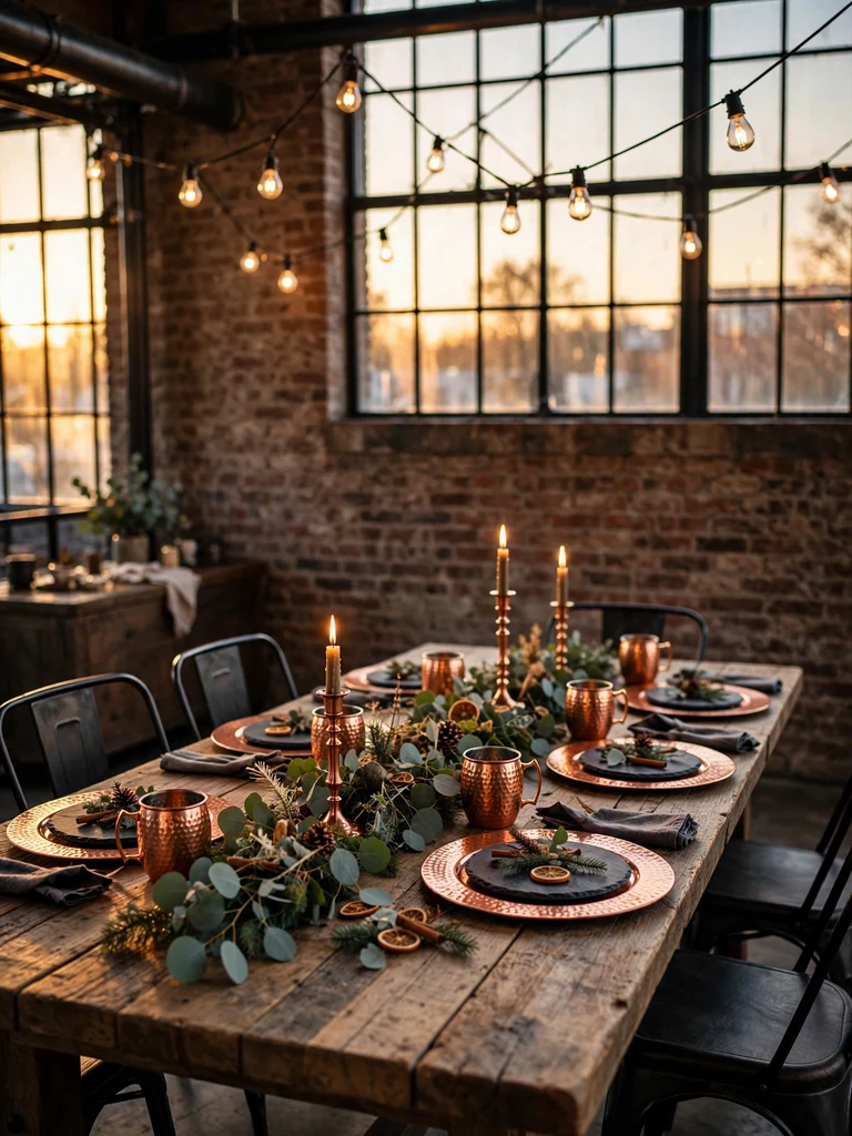 Industrial loft Christmas table with hammered copper chargers, copper candlesticks and eucalyptus garland at golden hour