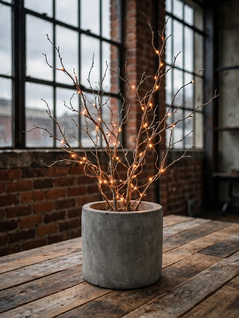 Bare branches wrapped in glowing copper fairy lights in concrete planter on reclaimed wood table