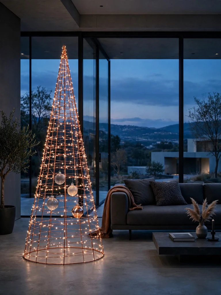 Minimalist copper wire cone Christmas tree with warm micro lights in a modern villa at dusk