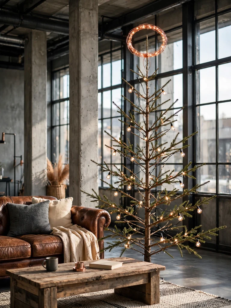 Hand-wound copper wire halo tree topper on a modern tree in an industrial loft