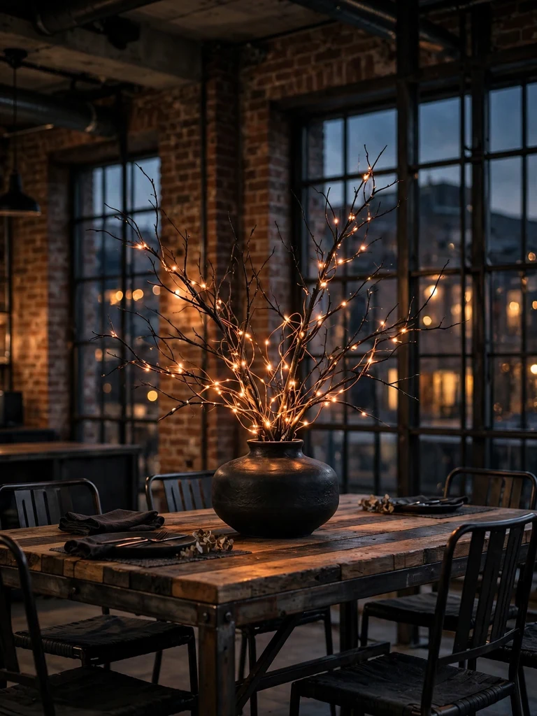 Dark branches wrapped in copper fairy lights in a black vase on a steel and wood table