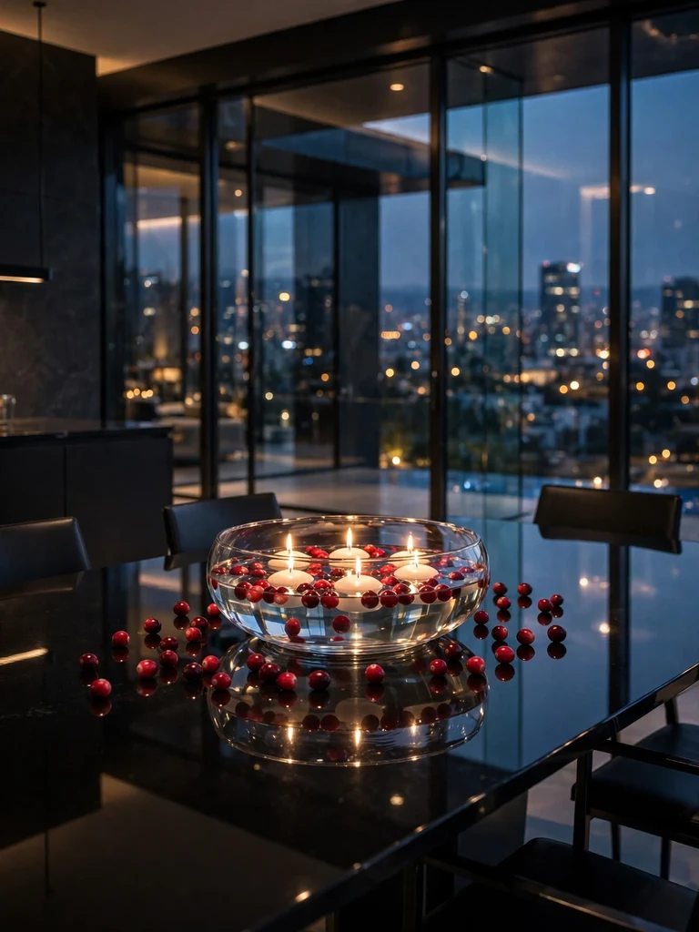 Glass bowl centerpiece with floating white candles and fresh cranberries on modern black dining table