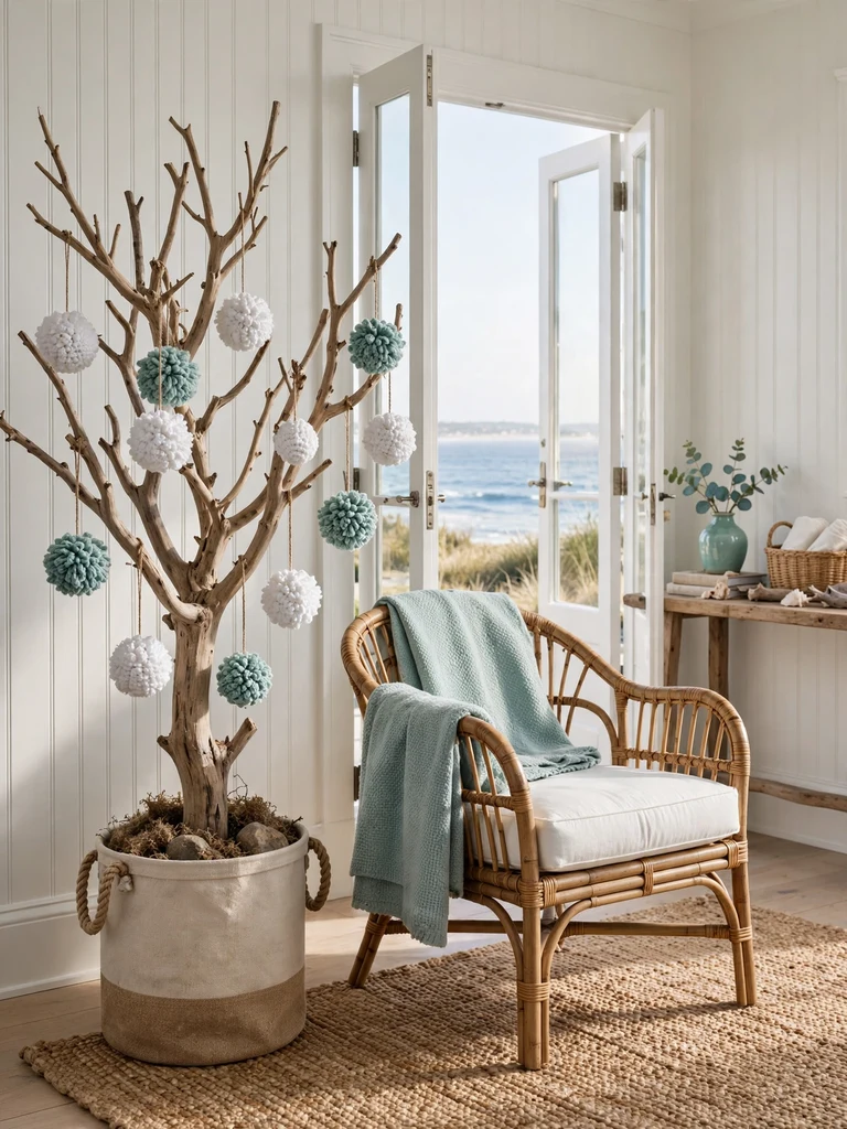 White and sea-foam crocheted snowball ornaments on a driftwood-branch tree in a coastal cottage