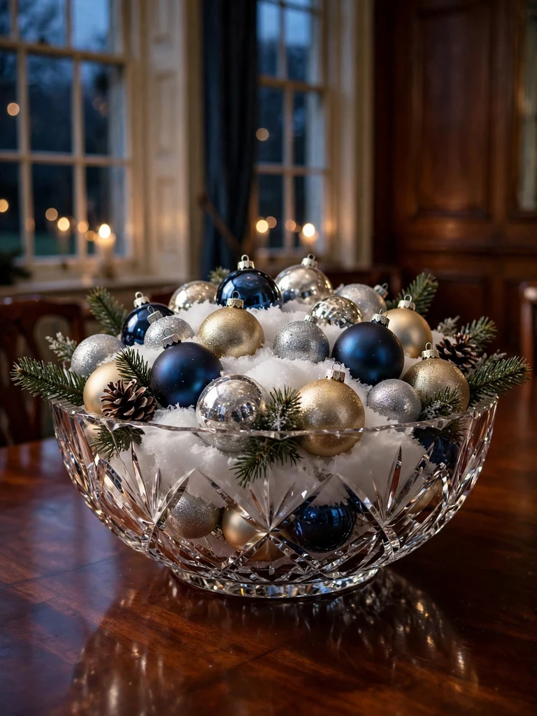 Cut-crystal bowl filled with silver and blue Christmas ornaments in faux snow
