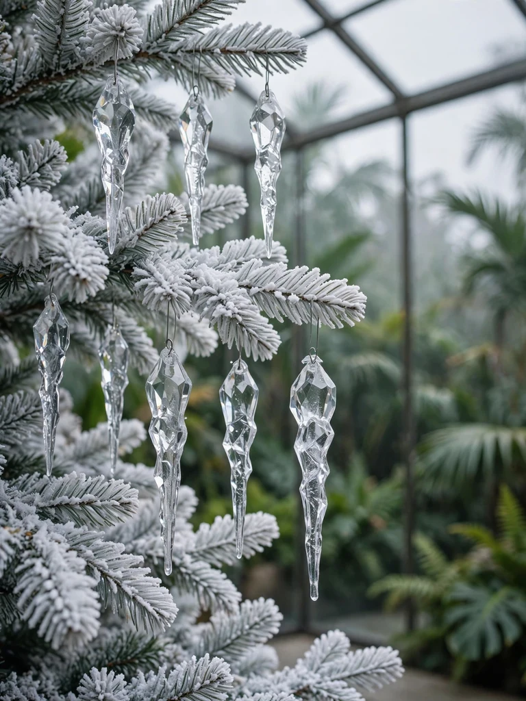 Faceted crystal icicle drop ornaments on a flocked white fir in a glass garden pavilion