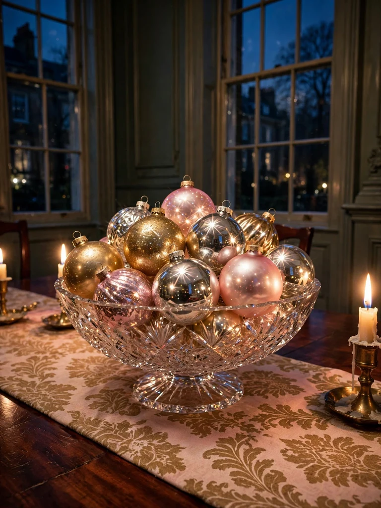 Cut-crystal footed bowl heaped with shimmering gold and silver Christmas ornaments by candlelight