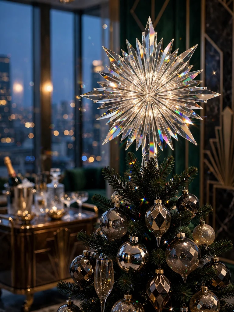Faceted crystal sunburst spire tree topper in an art deco penthouse at dusk