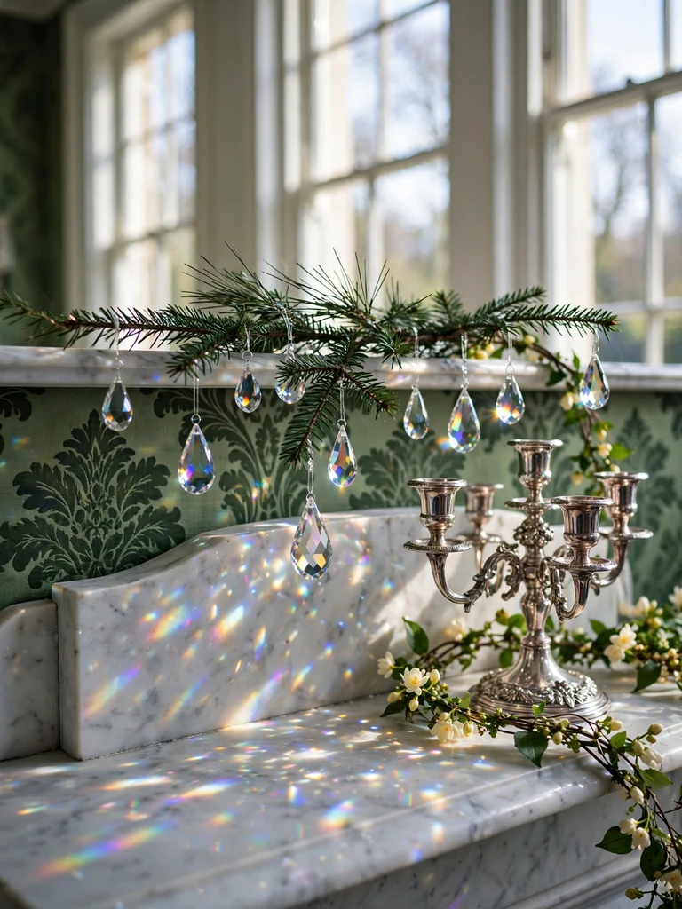 Crystal teardrop charms refracting rainbow light on a fir branch above a Georgian marble mantelpiece