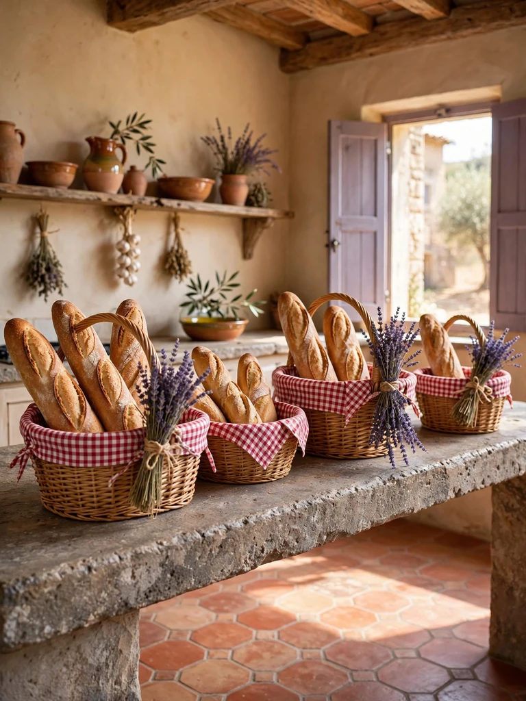 Woven bread baskets with checked cloth holding baguettes on a stone counter in a Provencal farmhouse