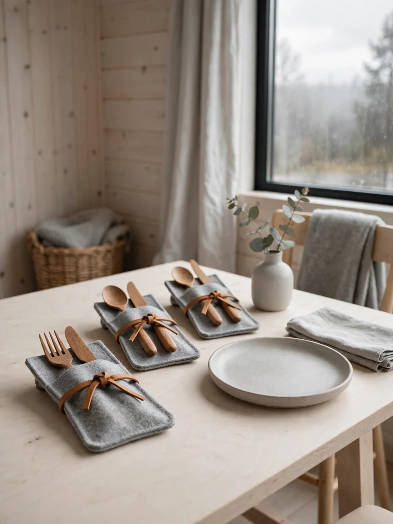 Grey felt cutlery pouches with leather ties holding wooden-handled cutlery on a birch table in a Scandinavian cabin