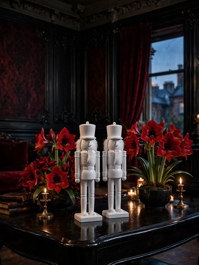 Victorian parlor with a pair of matte white nutcrackers and red amaryllis on a dark lacquered table at dusk