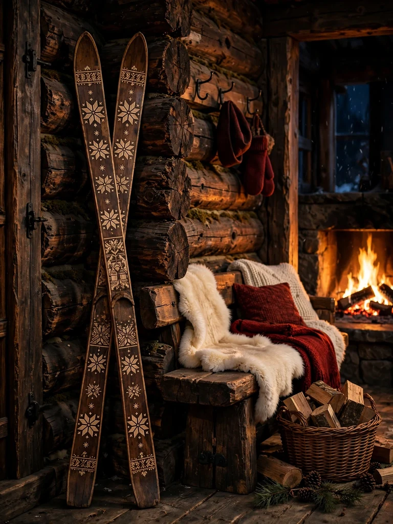 Hand-carved decorative wooden skis with snowflake folk art in a firelit ski lodge entryway