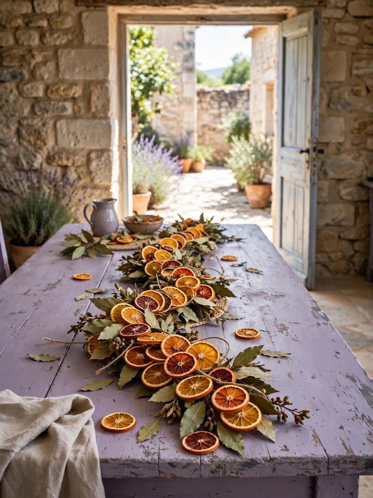 Garland of dried orange citrus slices and bay leaves on lavender-painted farmhouse table