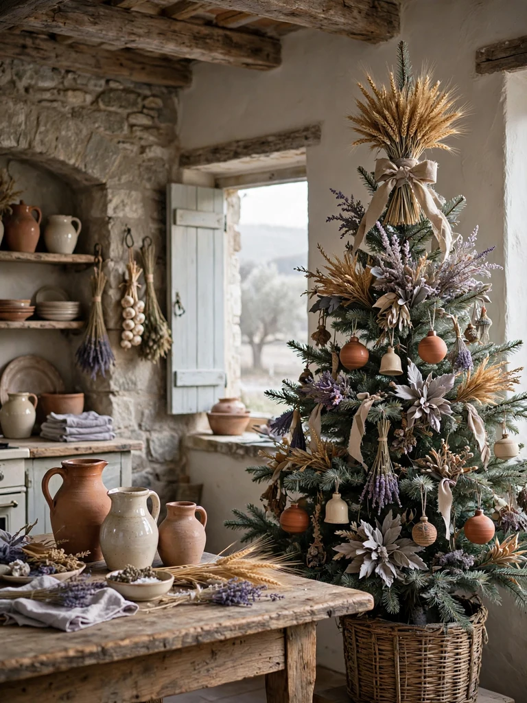 Dried floral bouquet tree topper with wheat and lavender in a Provencal farmhouse kitchen